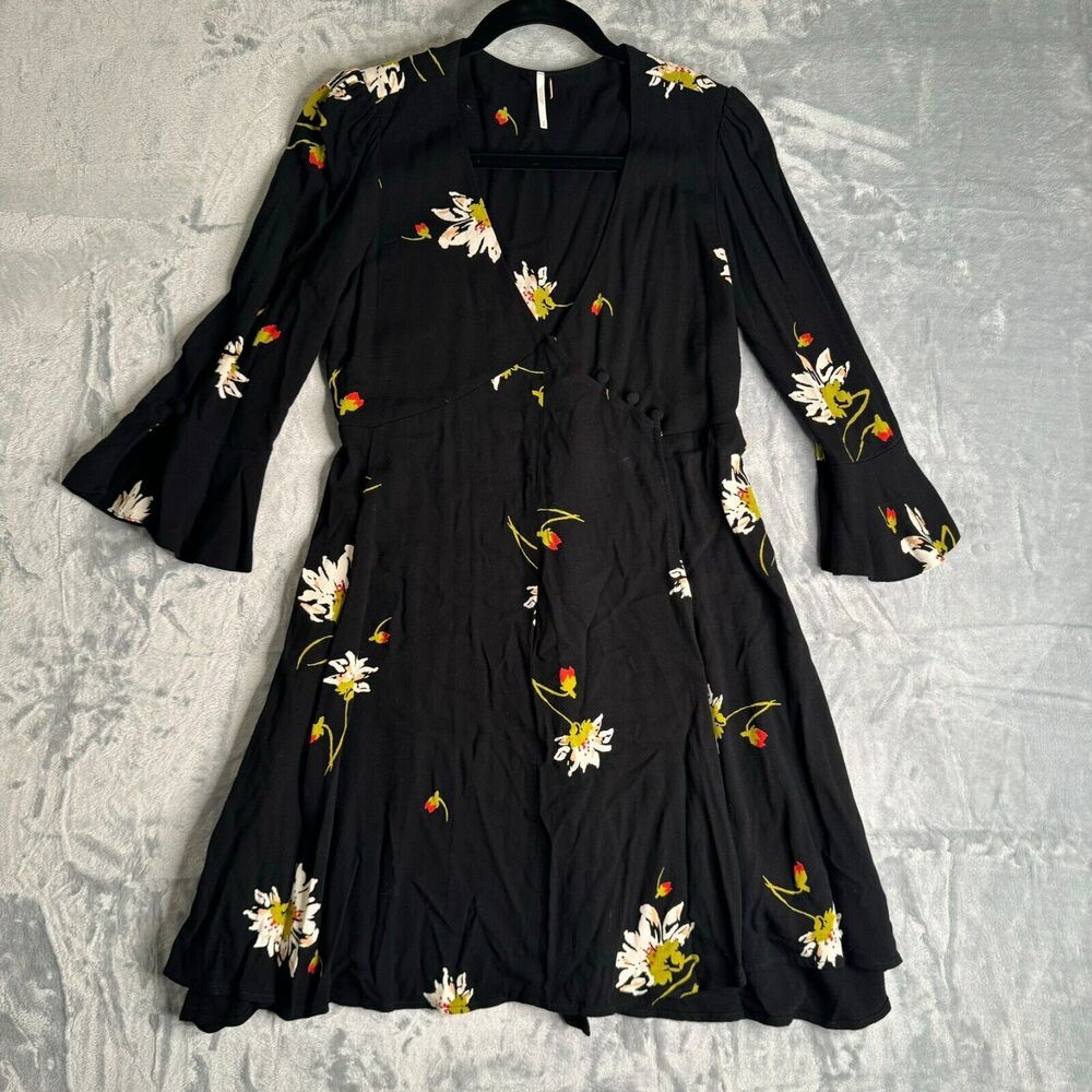 Free People Dress Womens Size XS Black Floral Faux Wrap Bell Sleeve Boho Hippie